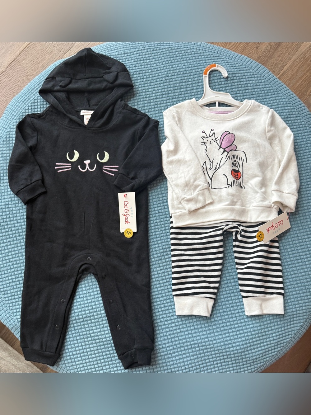 HALLOWEEN NEW Cat & Jack Black Cat Hoodie Romper and Striped Outfit Set. 12M